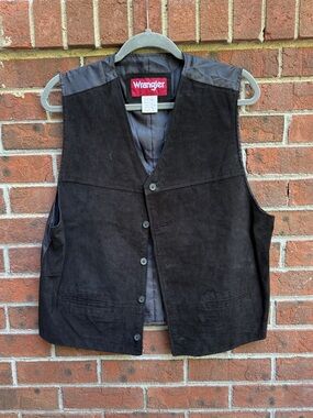 Vintage Wrangler Hero Black Real Leather Vest Size Large Men’s